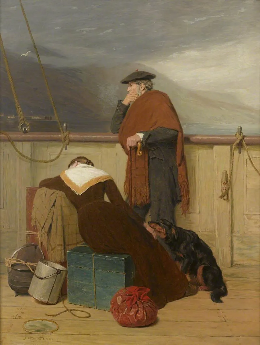 Lochaber No More, an 1883 painting by John Watson Nicol of a Highland emigrant couple on the deck of a ship leaving Scotland