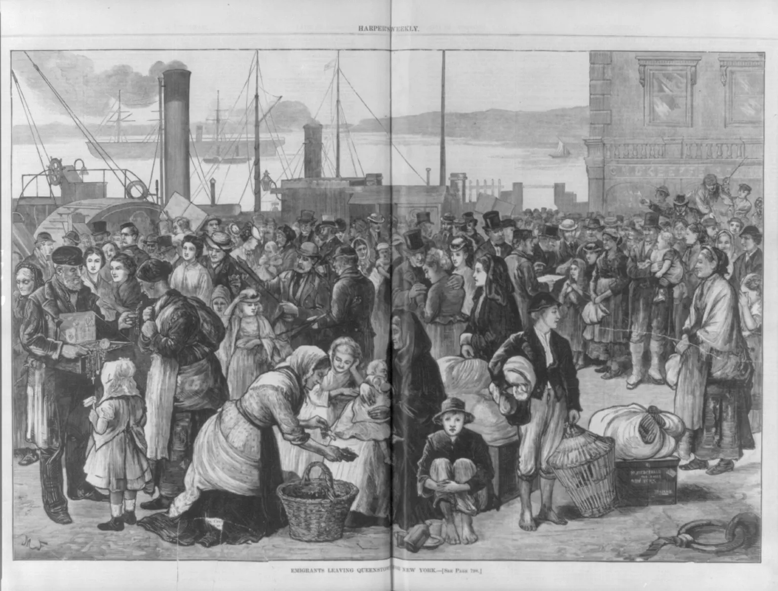 Nineteenth-century wood engraving of Irish emigrants leaving Queenstown harbour for New York